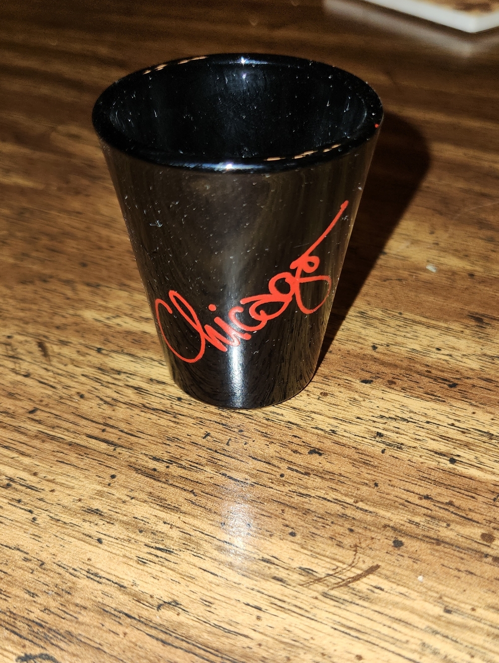 Black Shot Glass with Red Chicago Script
